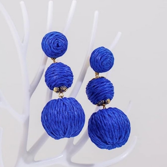 Chunky Blue Rattan Earrings Wicker Bold Statement Wicker Dangle 80s New - Picture 2 of 5